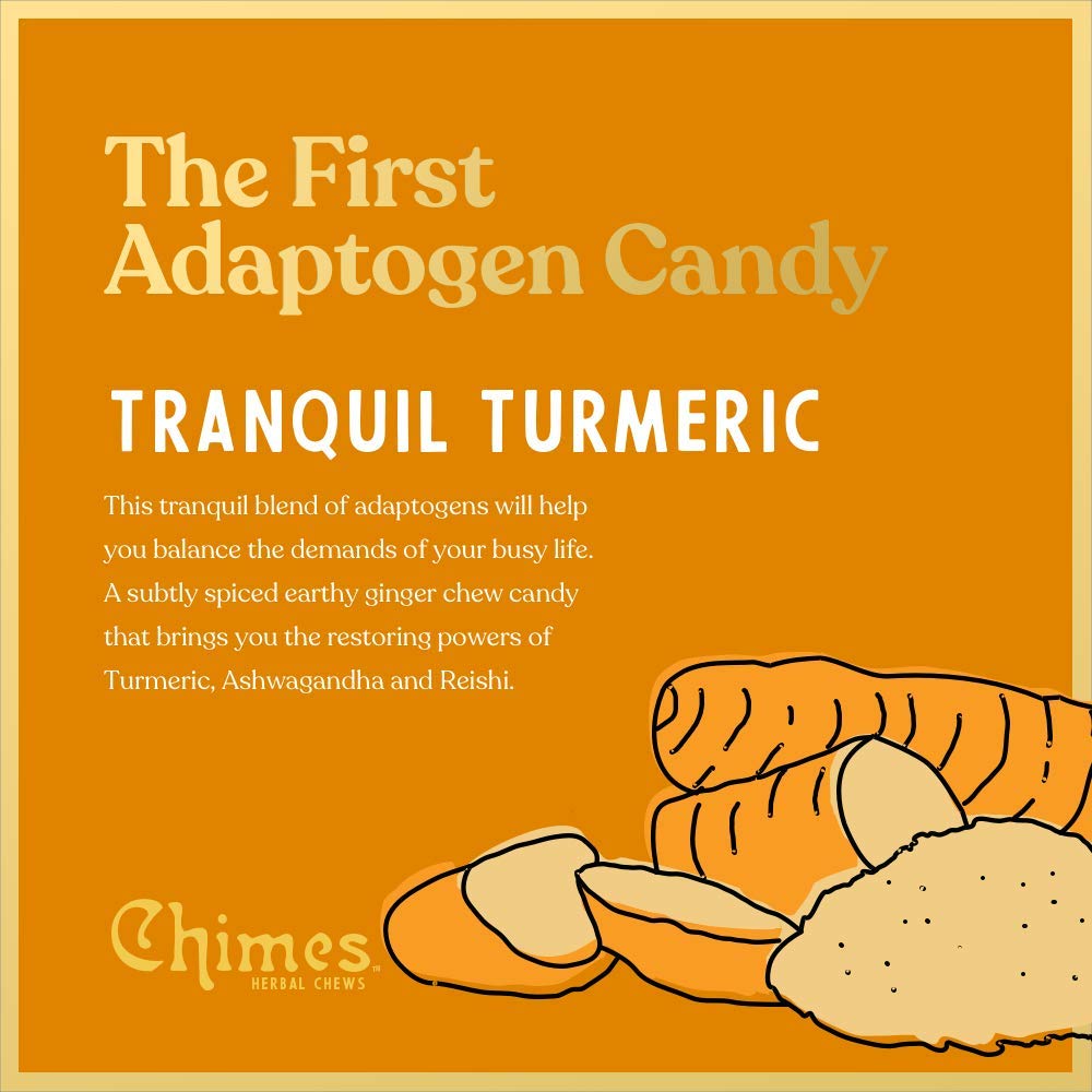 Chimes Tranquil Turmeric Adaptogen Ginger Chews Candy - (1 Pack With Ashwagandha, Reishi And Turmeric With Curcumin) Vegan, Glut