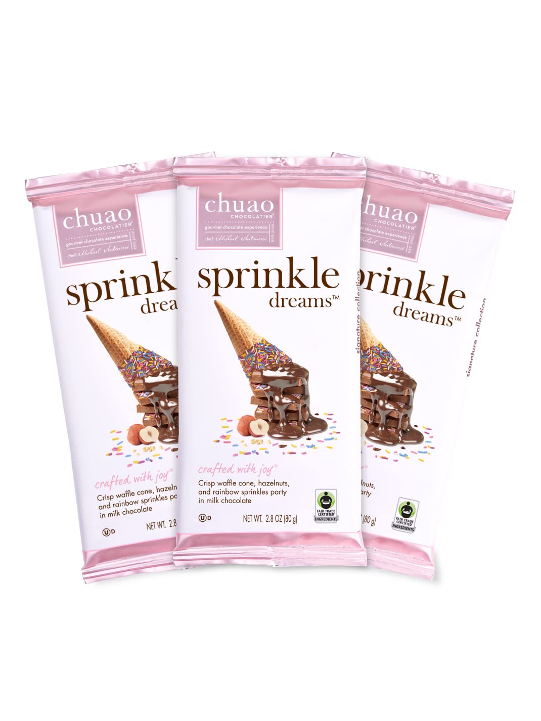 Chuao Chocolatier Sprinkle Dreams Milk Chocolate Bars | Gourmet Waffle Cone No Preservatives | For Gift Baskets, Thank You, Care Package | 3 Pack