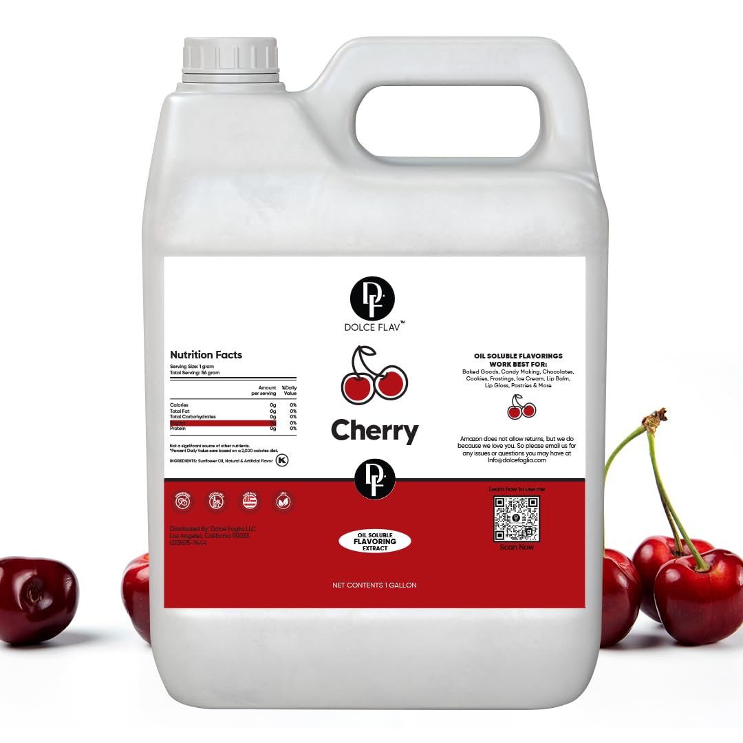 Dolce Flav Cherry Extract - 1 Gallon Oil-Soluble Kosher  Sugar-Free  Concentrated Fruity Flavor For Candy  Chocolates & Desserts