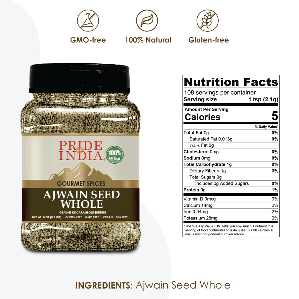 Pride Of India Ajwain Seed Whole - Gourmet Carom Seeds - 8 oz Sifter Jar - Organic Spice