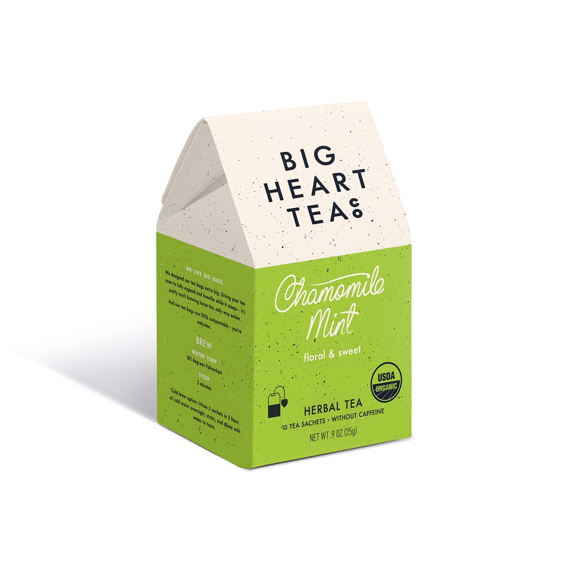 Big Heart Tea Co. Chamomile Mint Tea Bags - Organic Herbal Decaf - 10 Zero Plastic Sachets