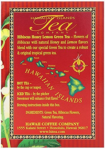 Hawaiian Islands Tea Company Hibiscus Honey Lemon Tropical Green Tea, All Natural - 20 Teabags (1 Box)