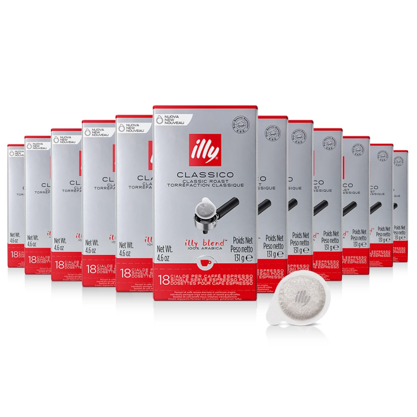 illy Classico E.S.E. Pods, Medium Roast Coffee with Chocolate & Caramel Notes, 18 Count (Pack of 12), Red