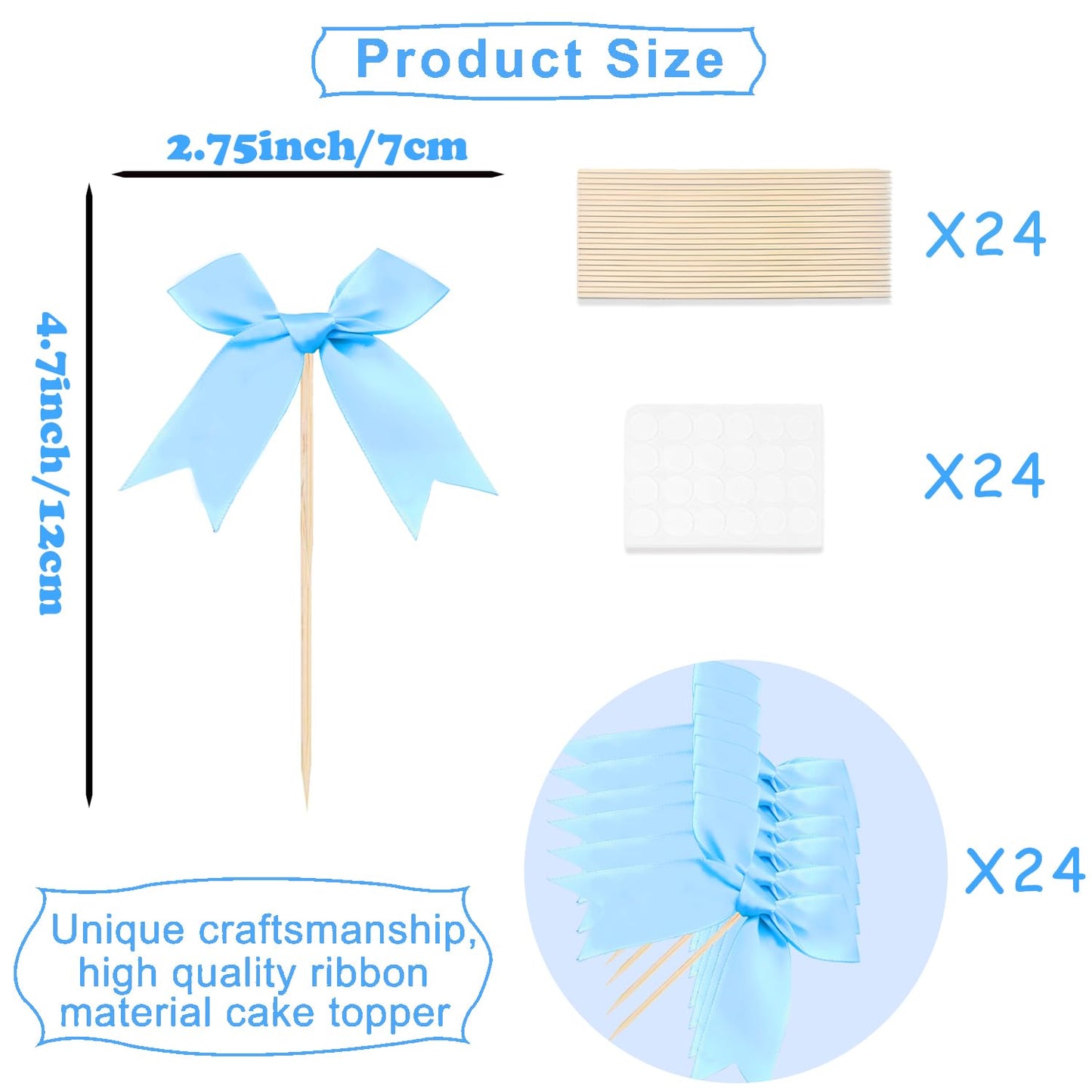 24 Pack Bow Cupcake Toppers, Blue Bow Coquette Birthday Decorations Valentine 'S Bowknot Ribbons For Bridal Shower Party Supplie