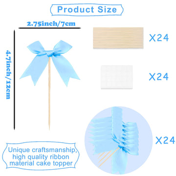 24 Pack Bow Cupcake Toppers, Blue Bow Coquette Birthday Decorations Valentine 'S Bowknot Ribbons For Bridal Shower Party Supplie