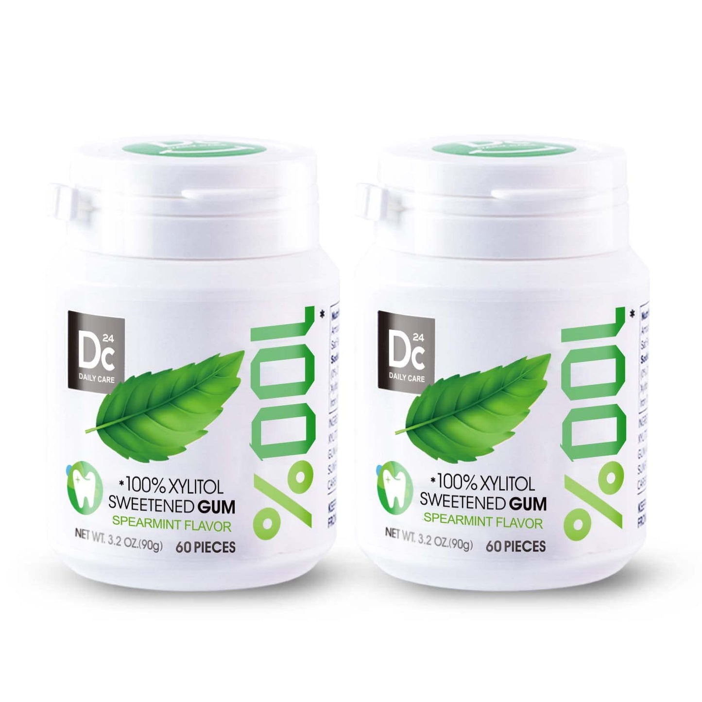 DC24 DAILY CARE 100% Xylitol Gum, No Aspartame, Sugar Free Chewing Gum, Natural Spearmint Flavor, Gluten Free, Vegan, 60 Pieces,