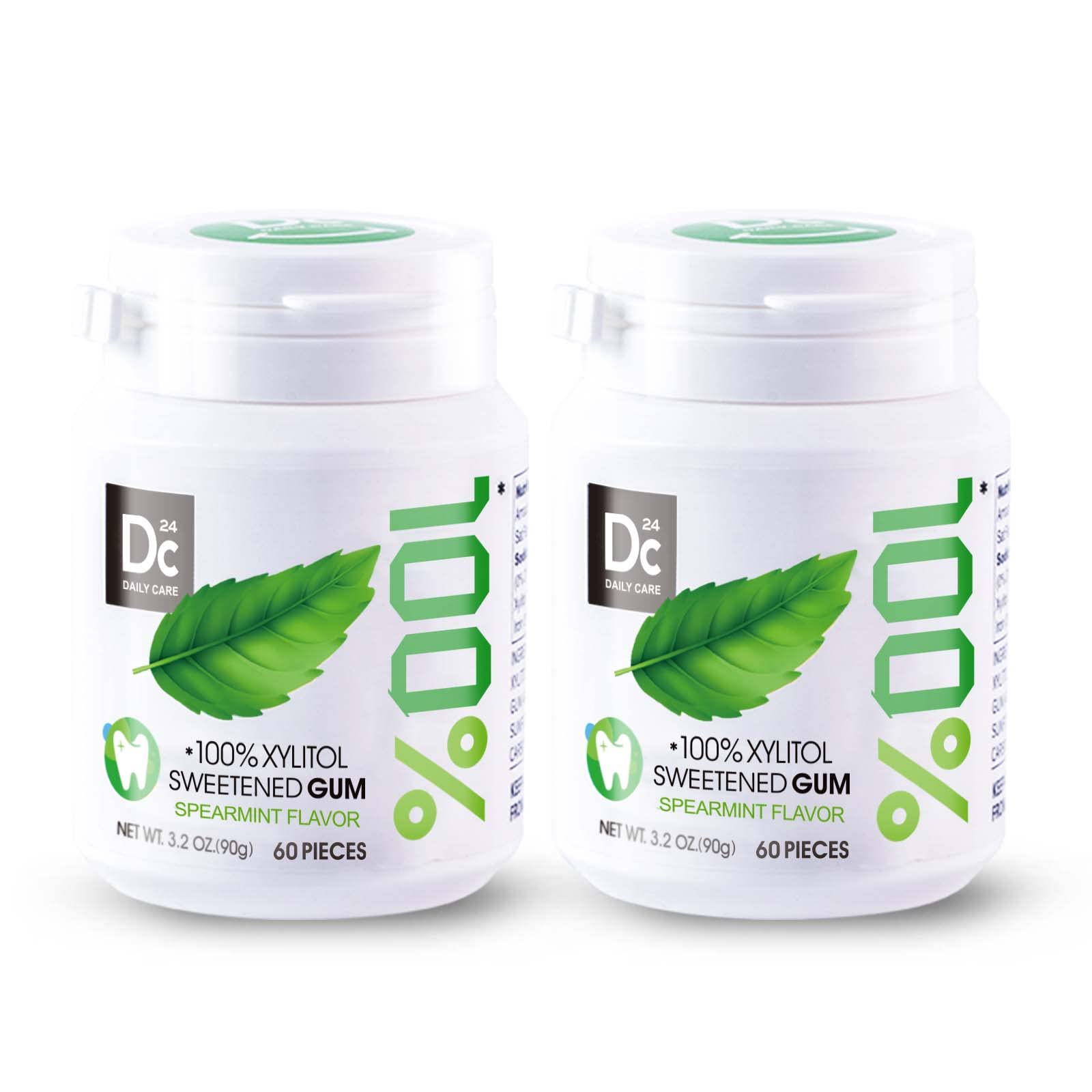 DC24 DAILY CARE 100% Xylitol Gum, No Aspartame, Sugar Free Chewing Gum, Natural Spearmint Flavor, Gluten Free, Vegan, 60 Pieces,