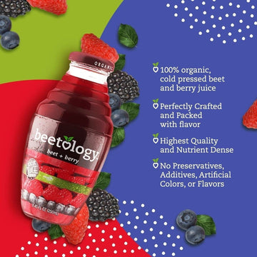 Beetology Organic Beet & Berry Juice, 8.45oz (6 Pack) | 100% Cold Pressed | Heart Healthy | Nutrient Packed Vegetable Juice | Vi