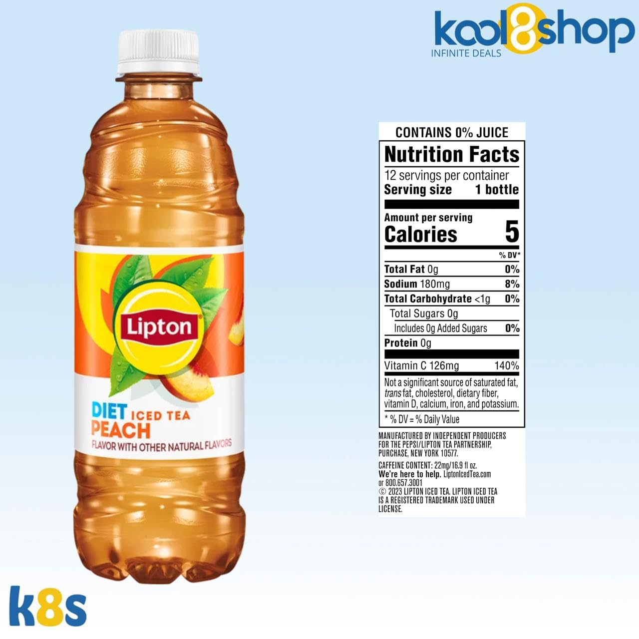 Lipton Diet Peach Iced Tea 16.9 Fl Oz Plastic Bottle 15 Pack + 15 Sugarcane Disposable Straws By Kool8Shop Infinite Deals
