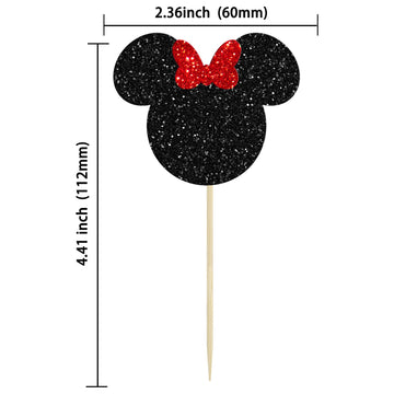 Gyufise 36 Pack Black And Red Glitter Mouse Inspired Cupcake Toppers With Bow Mouse Cake Decorations For Baby Shower Wedding Kid