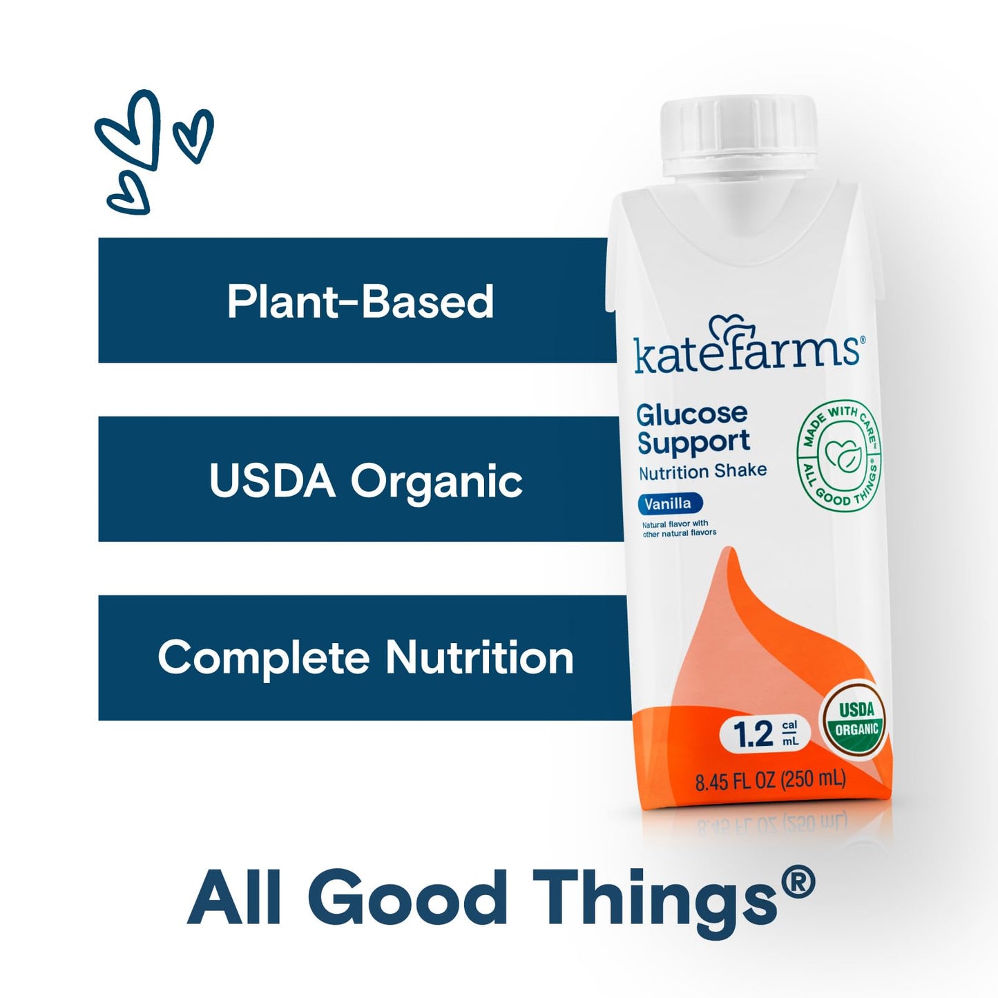 KATE FARMS Organic Plant Based 1.2 Glucose Support Shake, Vanilla, 16g Protein, 27 Vitamins and Minerals, Diabetic Nutrition Mea