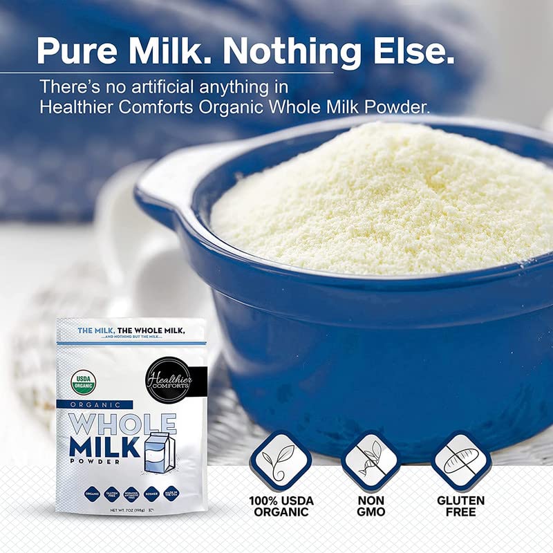 Healthier Comforts Organic Whole Milk Powder, Certified USDA Organic, Gluten Free, Non-GMO, 7oz Resealable Packaging