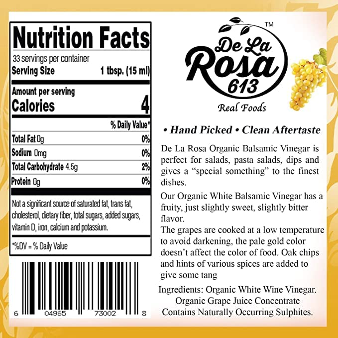 De La Rosa Organic Extra Virgin Olive Oil & White Balsamic Vinegar, 100% Pure, Raw & Unfiltered, Vegan, Kosher, Non-Gmo & Gluten