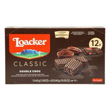 Loacker Classic Double Choc Wafers - Premium Crispy Cocoa Wafer Cookies with Chocolate Cream Filling - Multipack of 12 Snack Pac
