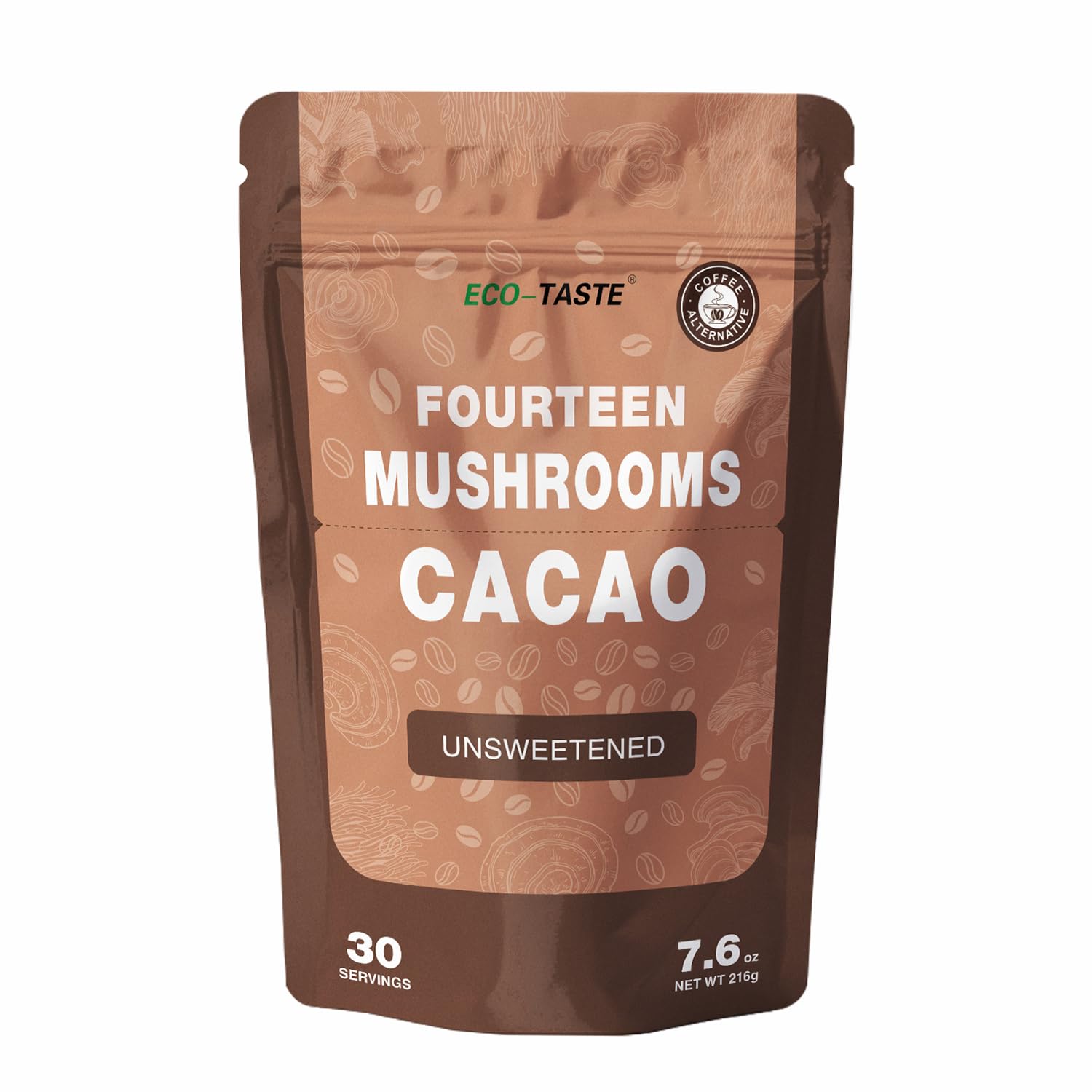 Mushroom Coffee Alternative 14 in 1 - 30 Servings, Cacao with 800mg Mushrooms - Lion's Mane, Reishi, Maitake, Turkey Tail, Chaga