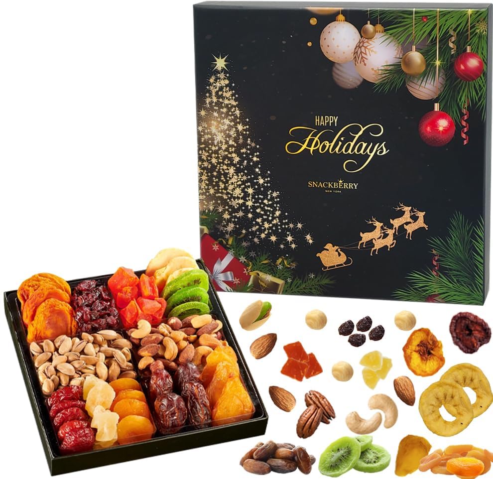 Christmas Dried Fruit & Nuts Gift Basket Arrangement Platter, Gourmet Food Snack Box, Healthy Kosher (12-Pack)