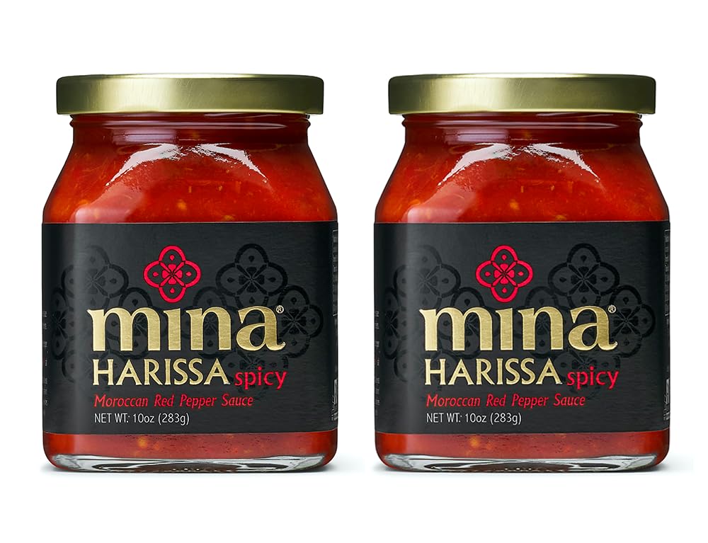 Mina Harissa Hot Sauce, Gourmet Moroccan Heat, Homestyle Spicy Red Chili Harissa Paste With Tangy Twist, 10 Oz (Pack Of 2) Harissa Sauce, Excite Your Senses With Mina'S Harissa Seasoning
