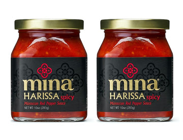 Mina Harissa Hot Sauce, Gourmet Moroccan Heat, Homestyle Spicy Red Chili Harissa Paste With Tangy Twist, 10 Oz (Pack Of 2) Harissa Sauce, Excite Your Senses With Mina'S Harissa Seasoning
