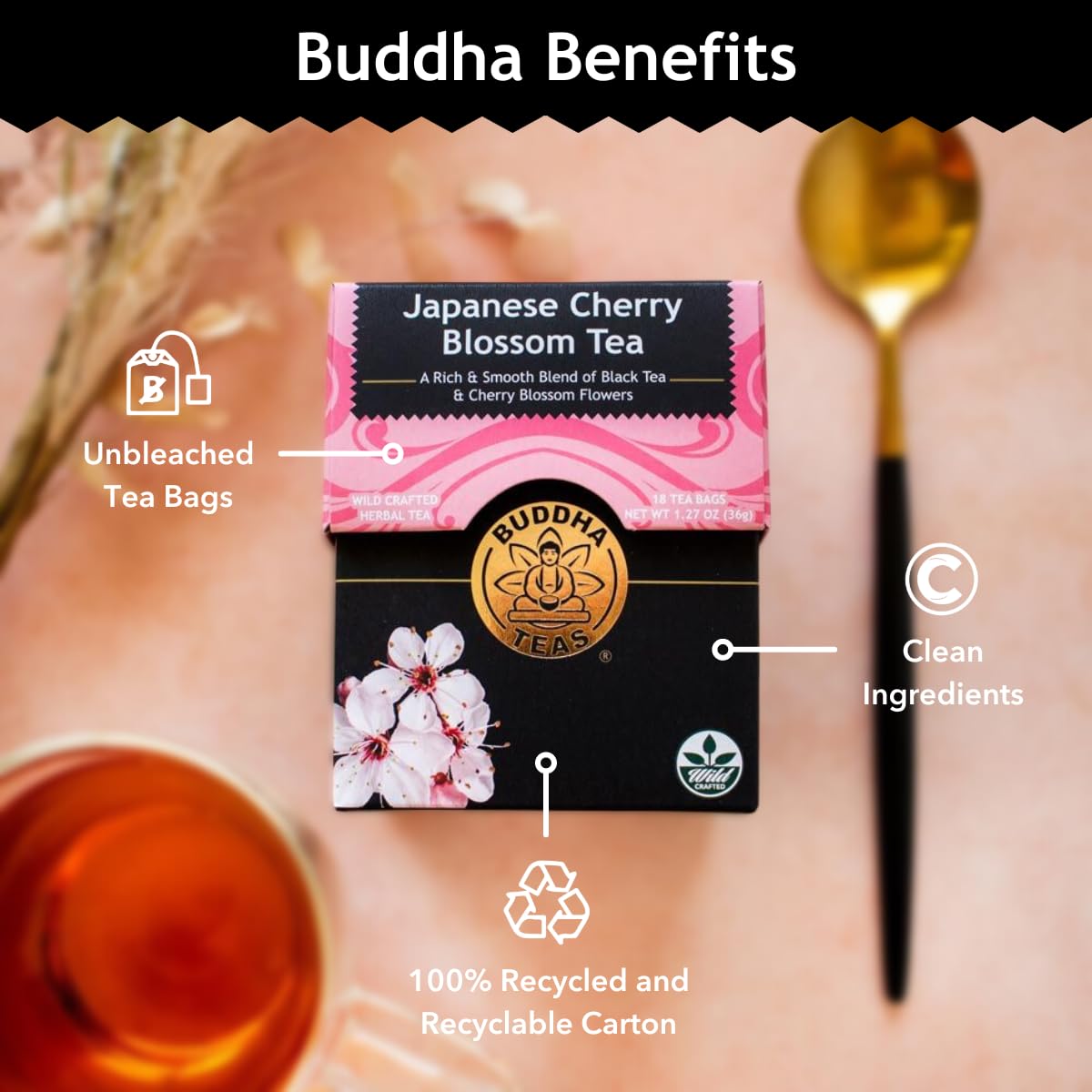 Buddha Teas Japanese Cherry Blossom Tea - 18 Bleach-Free Tea Bags, OU Kosher, 18 Count