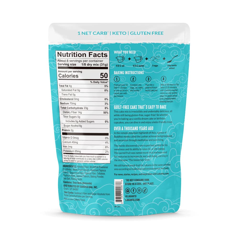 Lakanto Sugar Free Keto Cake Mix - Sweetened with Monk Fruit, Gluten Free, 1 Net Carb, Keto Diet Friendly, Delicious - Vanilla