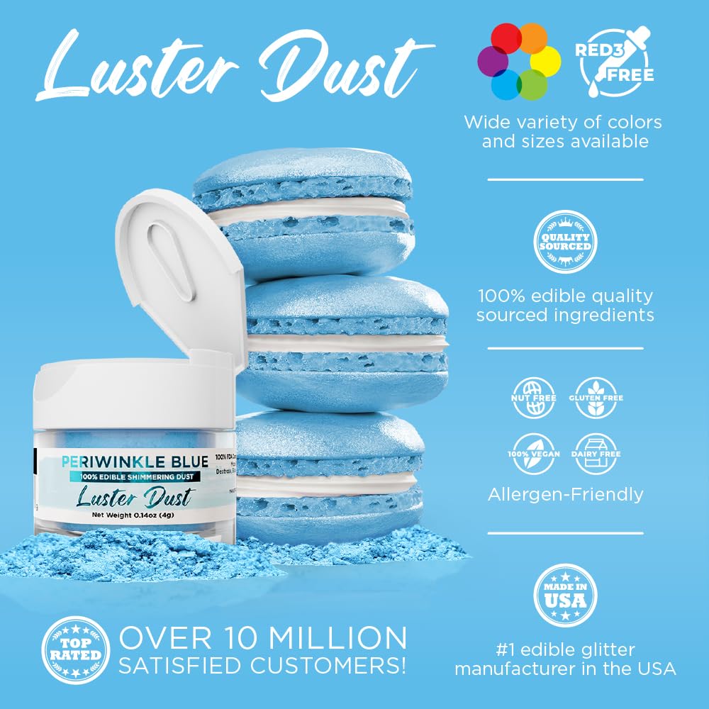 Luster Dust - Periwinkle Blue (4G 1X Jar) | Edible Vegan Dust & Paint For Cake Decorating, Ice Cream, Desserts, Cocktails And Be