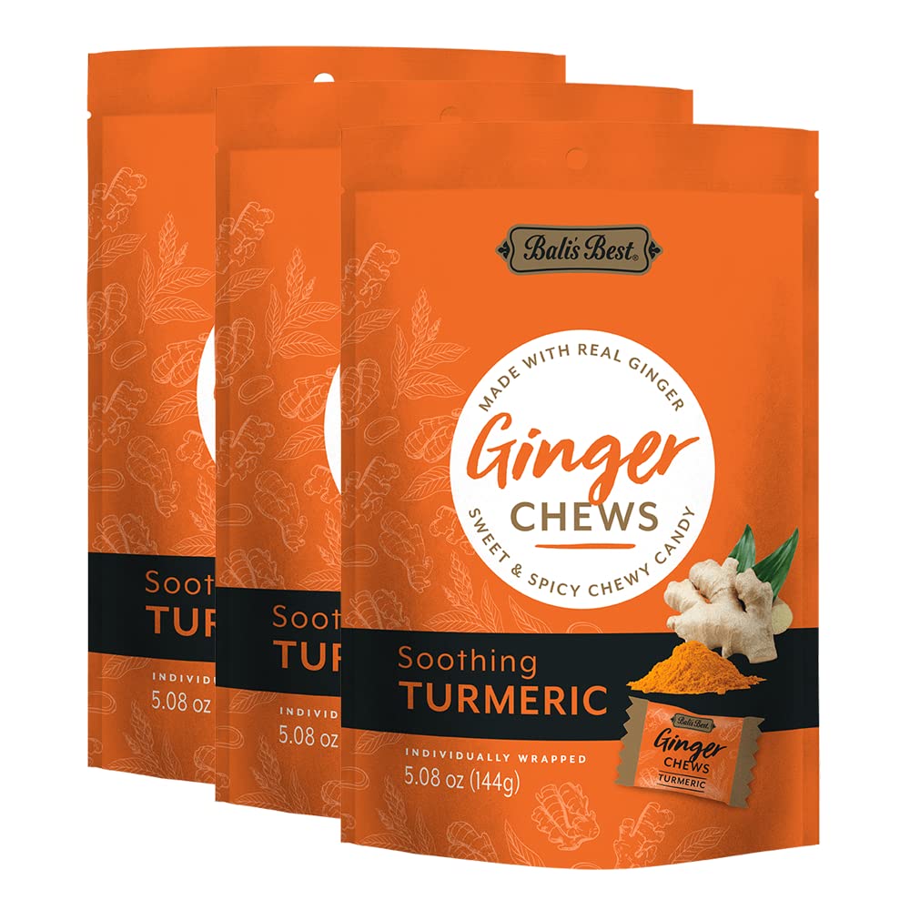 Balis Best Ginger Chews - Turmeric Flavor, Pack of 3, 100% Real Ginger, Chewy Candies, 3x 5.08oz Bags