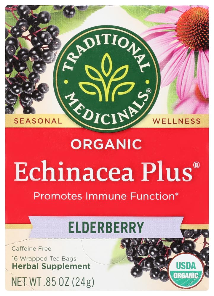 Traditional Medicinals Organic Echinacea Plus Elderberry Herbal Tea, Promotes Immune Function, (Pack of 6) - 96 Tea Bags Total.