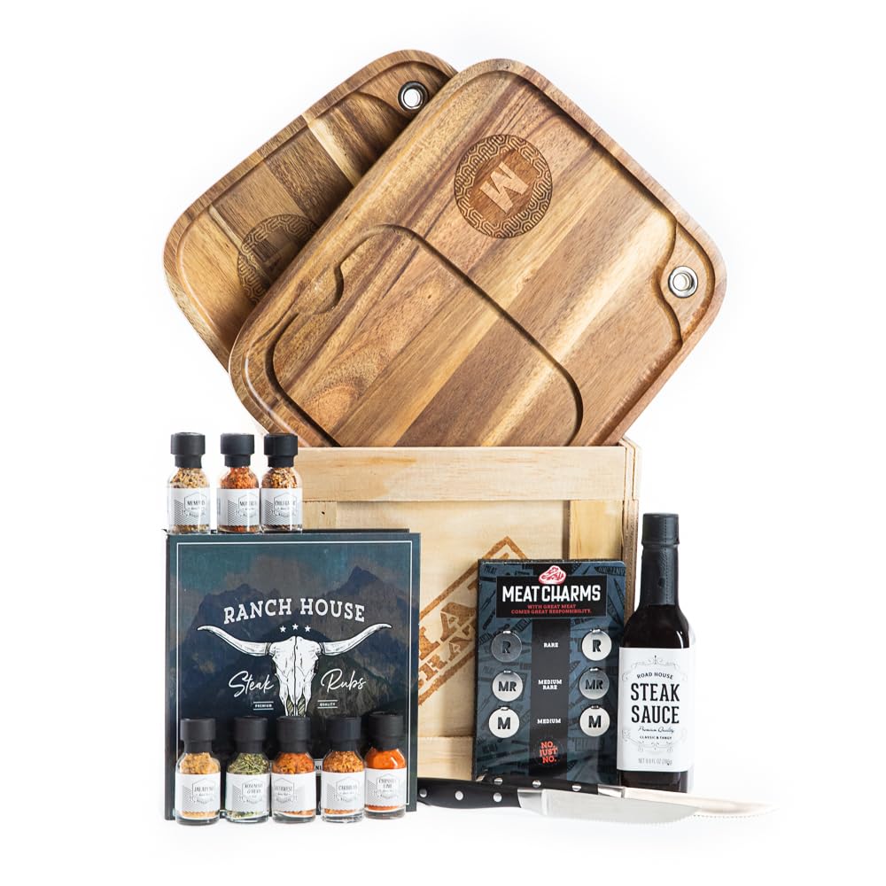 Man Crates Personalized Steak Night Crate – Personalized Solid Wood Steak Plates, Stainless Steel Cutting Tool, Steak Charms, Seasonings & Sauces – Ultimate Steak Gift Set
