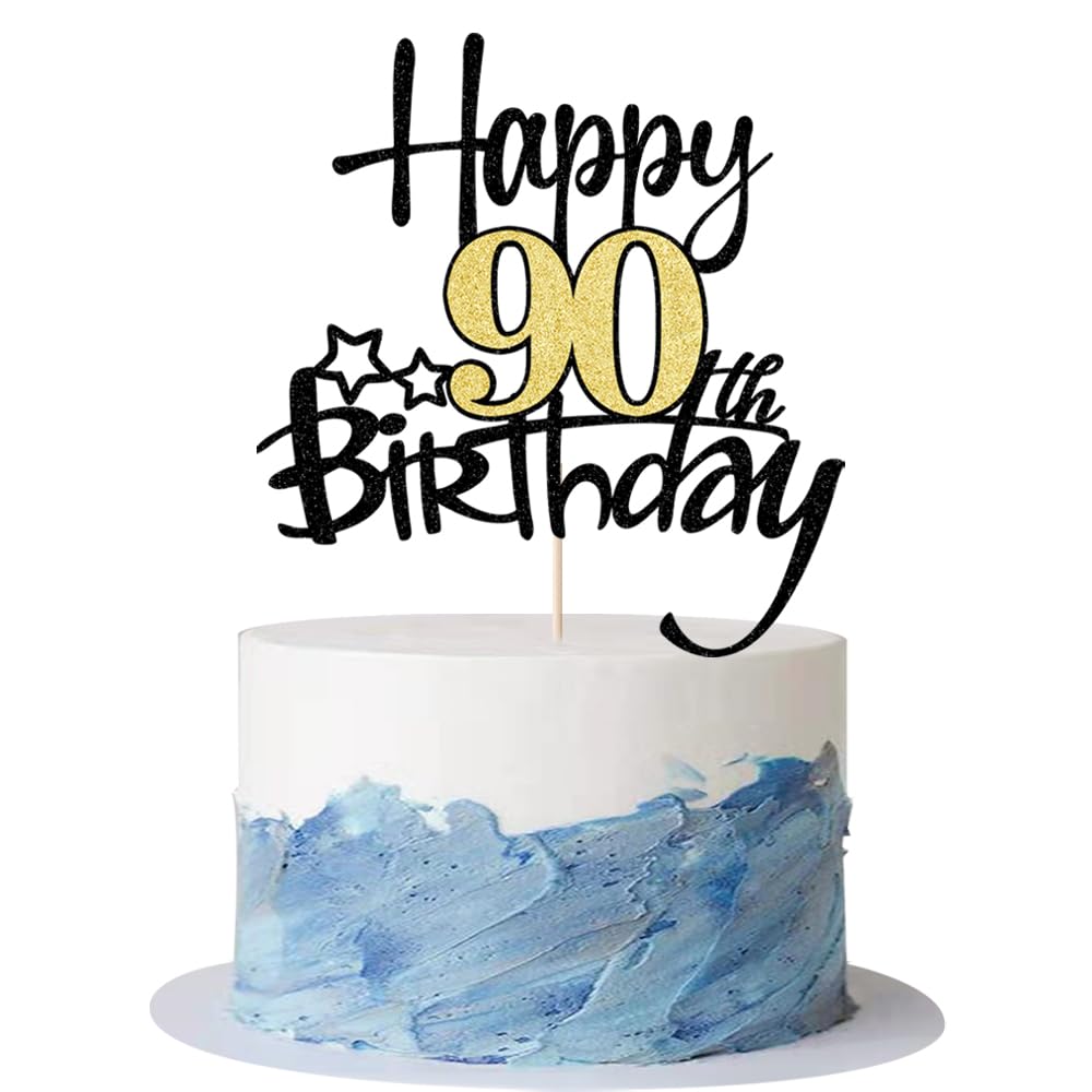 Kaoenla Black Gold Glitter Happy 90th Birthday Cake Topper - Hello 90/Cheers 90,Happy ninety Birthday Anniversary,90 years old b