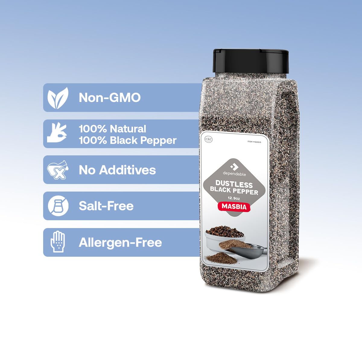 Dependable Foods Black Pepper Spice - 100% Natural, Non-GMO, Salt-Free - 12.9 oz Bulk Jar