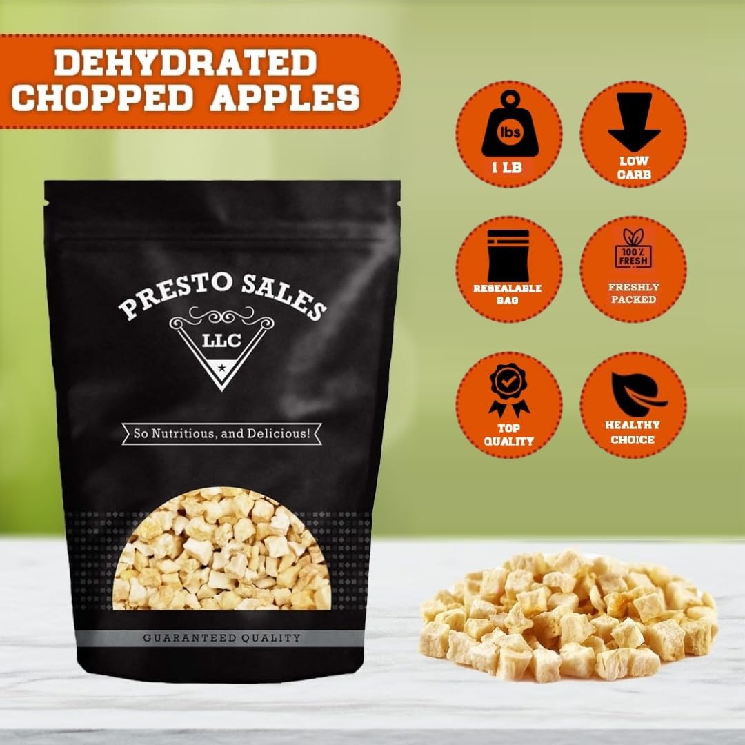 Presto Sales Dried Apple Cubes, 16 Oz | All Natural Dried Fruit Snack | Vegan, Non-Gmo, Dehydrated Fruit | Low-Fat, Low-Cholesterol Or Low-Sodium Diet | Packed Fresh In Resealable 1 Lb Pouch Bag