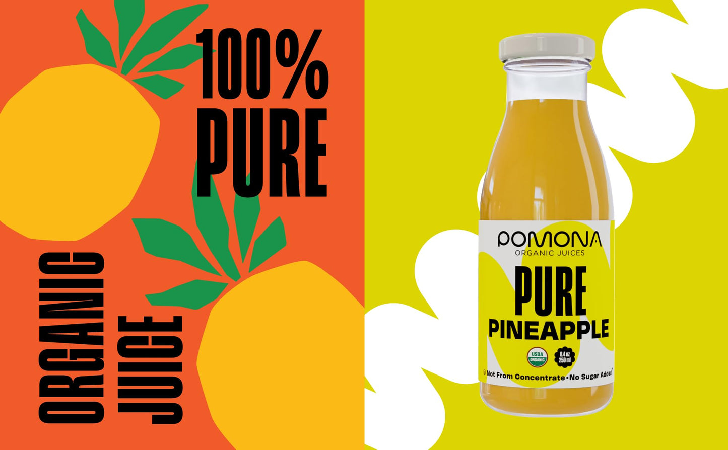 Pomona Organic Juices Pure Pineapple Juice  8.4 Ounce Bottle (Pack of 12)  Cold Pressed Organic Juice  Non-GMO  No Sugar Added  Not from Concentrate  Gluten Free  Kosher Certified  Preservative Free