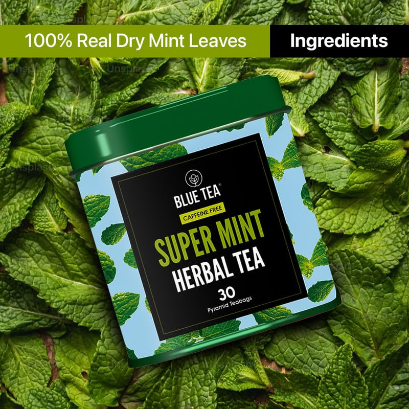 Blue Tea - Super Mint Tea - 30 Count - Pyramid Plant Based Tea Bag | Super Antioxidant | Herbal Tea - Caffeine Free - Non-Bitter - Calming Tea - Vegan - Non-Gmo - 100% Natural | Tin Pack