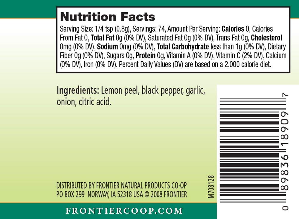 Frontier Seasoning Blends, Salt-Free Lemon Pepper, 2.08-Ounce Bottle