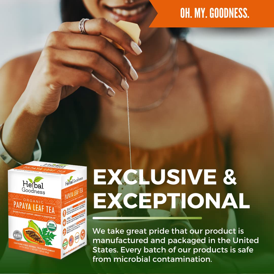 Herbal Goodness Organic Papaya Leaf Extract Tea - Immune & Digestive Health - 24 Teabags - Made in the USA