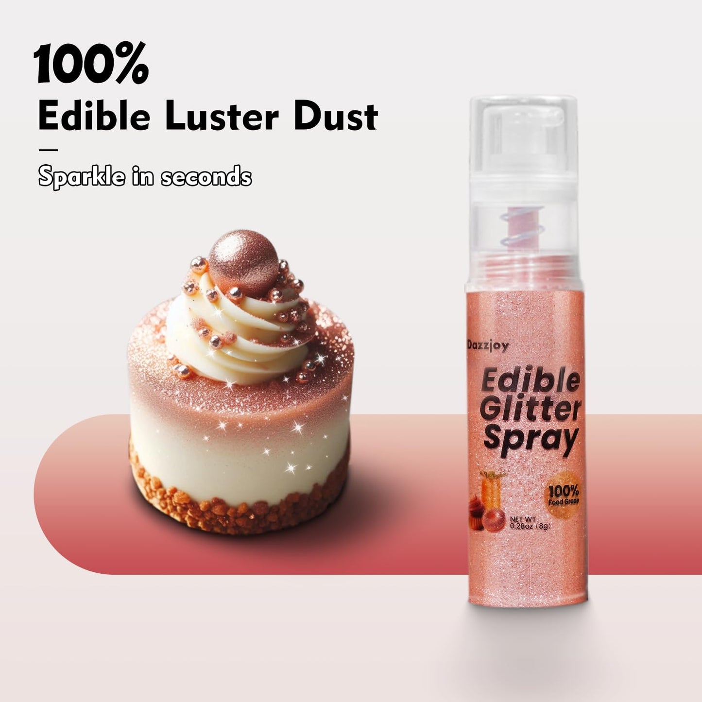 Dazzjoy Rose Gold Edible Glitter Spray, 8g, 100% Food Grade, Kosher & Halal, Shimmer for Drinks, Cupcakes, and Desserts