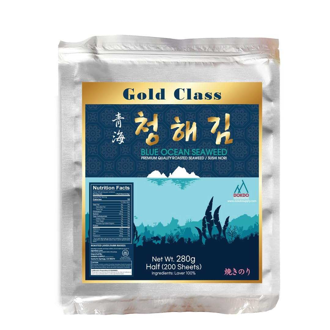 Blue Ocean Sushi Nori Seaweed Half Cut 200 sheets 280Gram Yaki Roasted Rolls Wraps 100% Natural Laver Fresh Maki Premium Thick Q