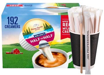 Coffee Creamer Singles Mini Moos Half & Half Creamer Singles, (192 Count), as a gift 20 wooden coffee stirrers wrapped in paper 