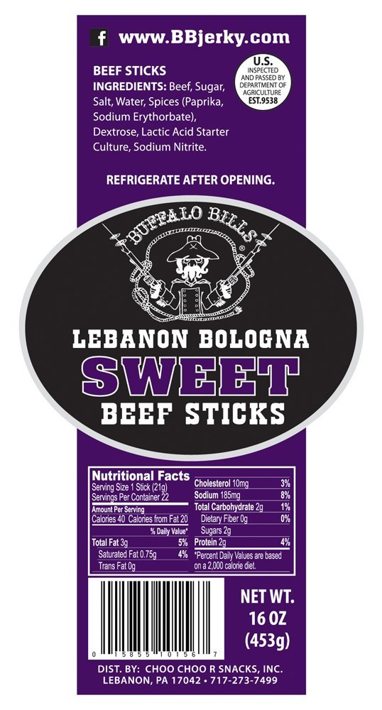 Buffalo Bills Sweet Lebanon Bologna Sticks - 1 lb Pack of Pennsylvania Dutch Beef Sticks