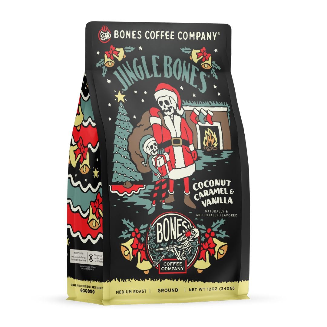 Bones Coffee Company Jingle Bones Ground Coffee, Caramel Vanilla Coconut Flavor, Medium Roast, 12 oz