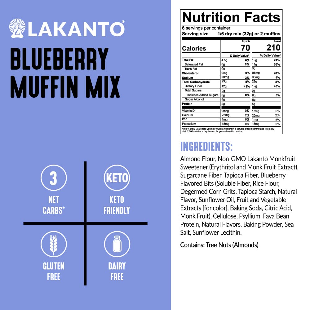 Lakanto Sugar Free Blueberry Muffin Mix - Naturally Flavored, Sweetened With Monk Fruit Sweetener, Keto Diet Friendly, 3 Net Car