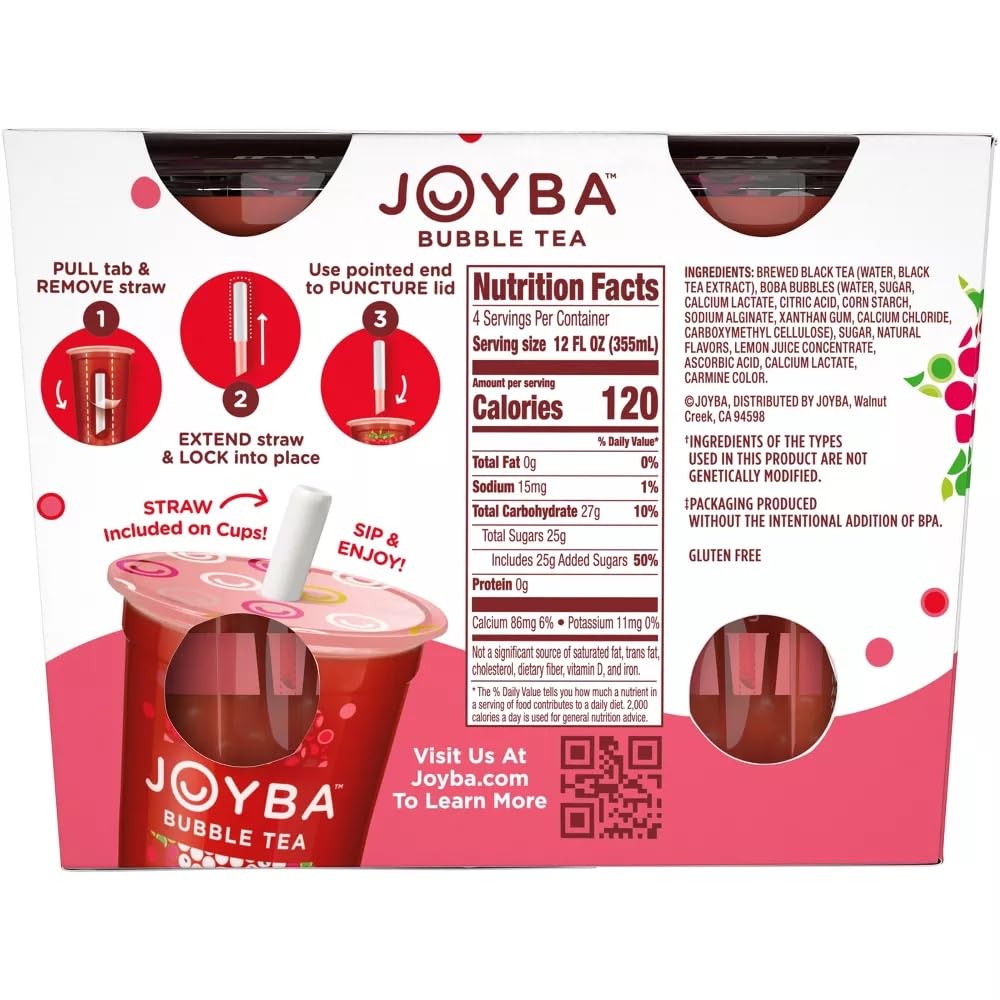 Joyba Raspberry Dragonfruit Black Tea Bubble Tea, 12 fl oz Cup (Pack of 4)