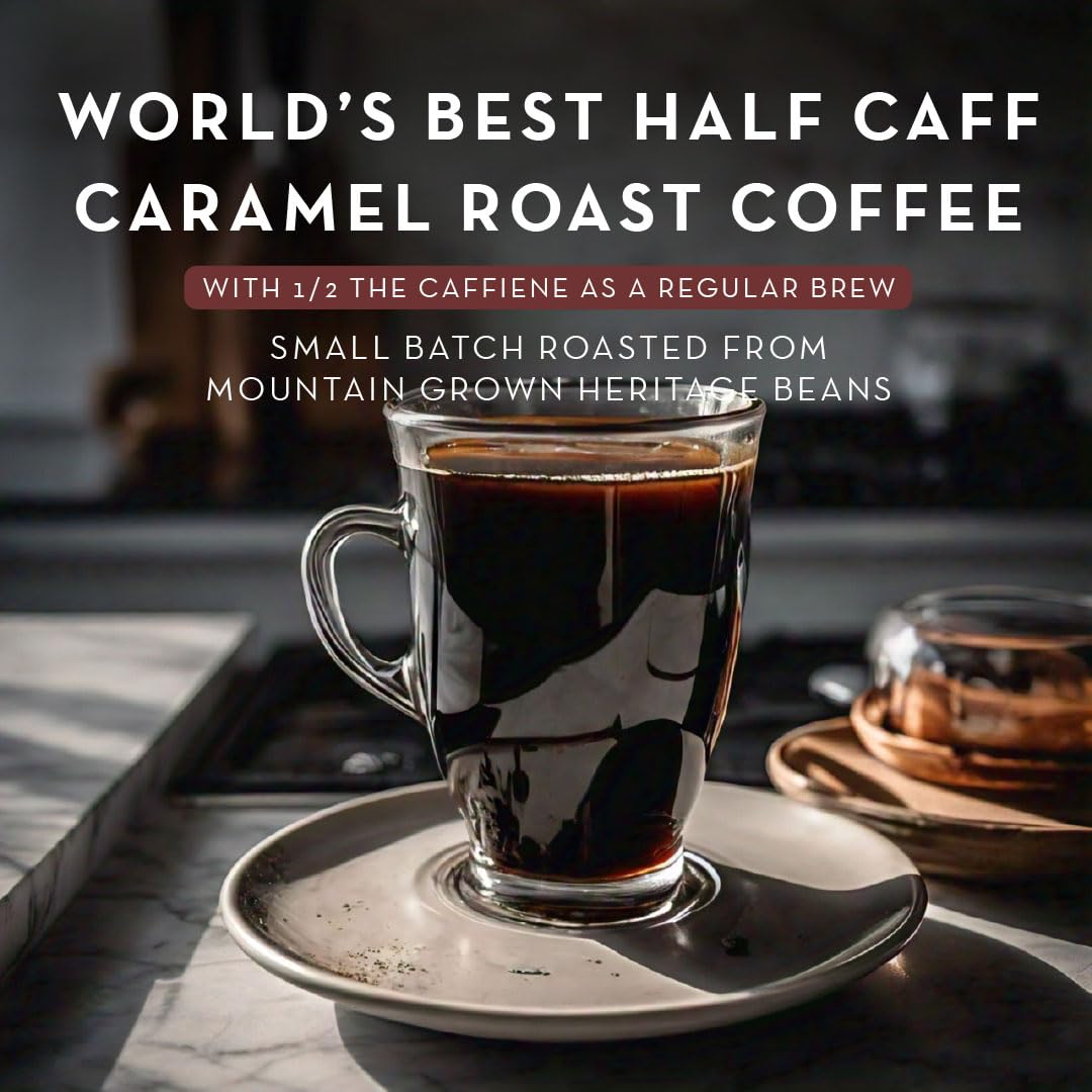 Worlds Best Half Caff Caramel Coffee Pods  18 ct  Medium Roast Flavored Coffee in Recyclable Single Serve Pods - 100% Arabica Beans  Compatible with Keurig K Cups Maker