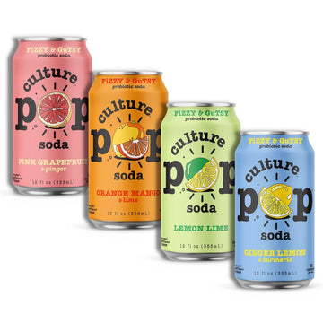 Culture Pop Soda, Zesty & Tarty Variety Pack, Probiotic Low Sugar Soda, Sparkling Juice Alternative, Non-Gmo, Kosher, Gluten-Free, No Stevia (12Pk)