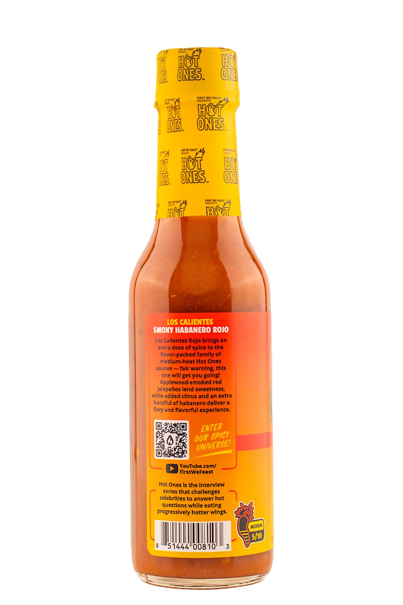 HOT ONES Los Calientes Rojo Hot Sauce, Natural Ingredients, Smoked Red Jalapeno & Habanero, 5 fl oz Bottle