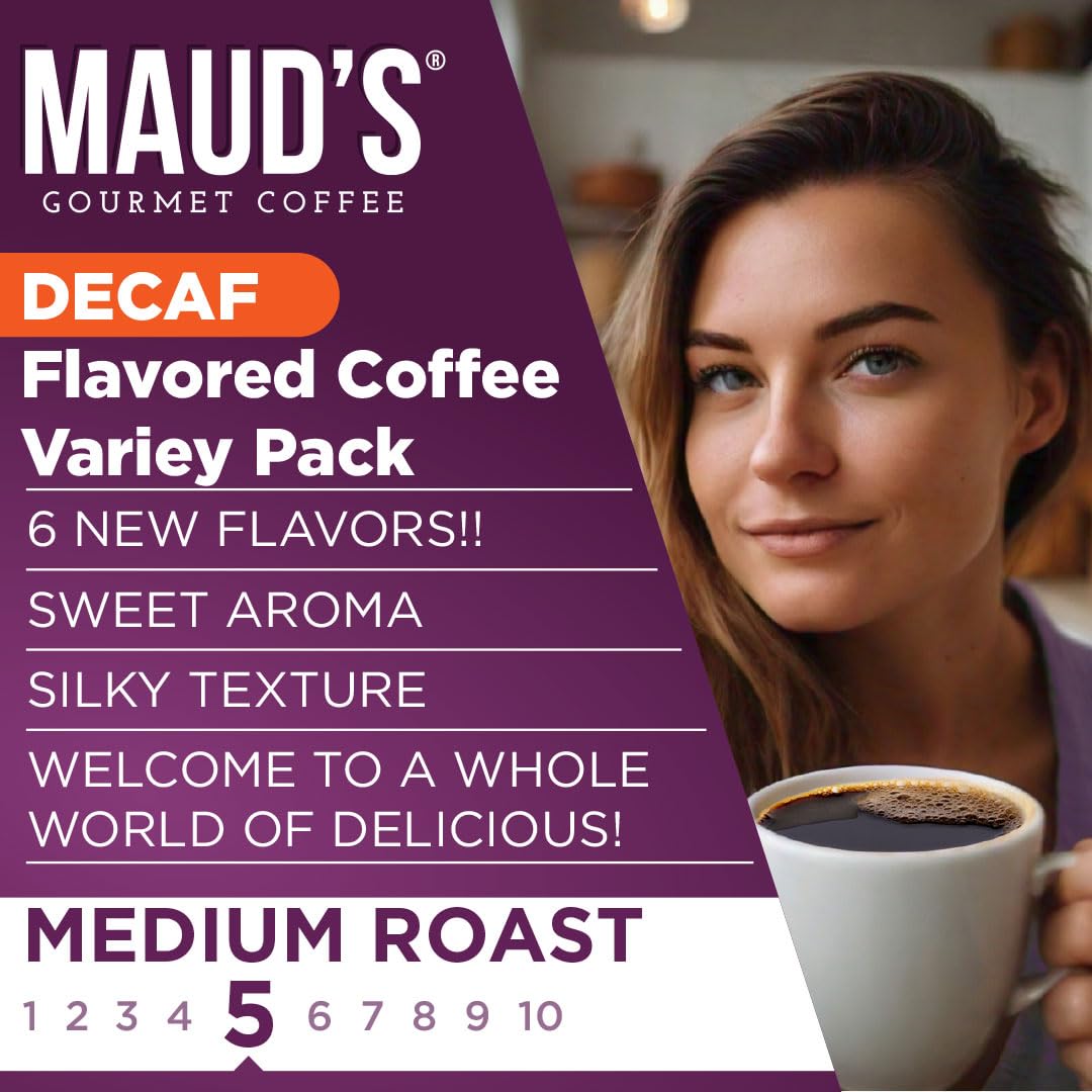 MAUDS Flavored Decaf Coffee Sampler Pack, 24 Count, 6 Flavors, Single Serve Pods, 100% Arabica, KCup Compatible