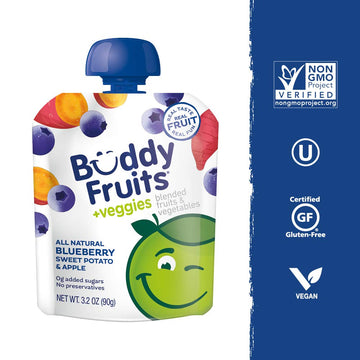 Buddy Fruits & Veggies Snacks To Go Blueberry Sweet Potato Unsweetened Applesauce 3.2Oz (18Pk) Gluten-Nut-Dairy-Preservative-Bpa