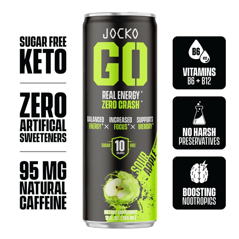 Origin Jocko GO Energy Drinks Sugar Free - KETO, Vitamin B12 & B6 - 12 Fl Oz (Pack of 12) - Sour Apple