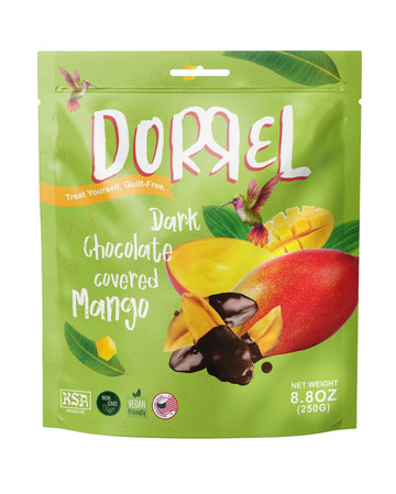 DORREL - Belgian Dark Chocolate Covered Mango Slices, High Energy Vegan Choco Snack, Delicious, Kosher & Non-GMO, Pack of 1 Dark