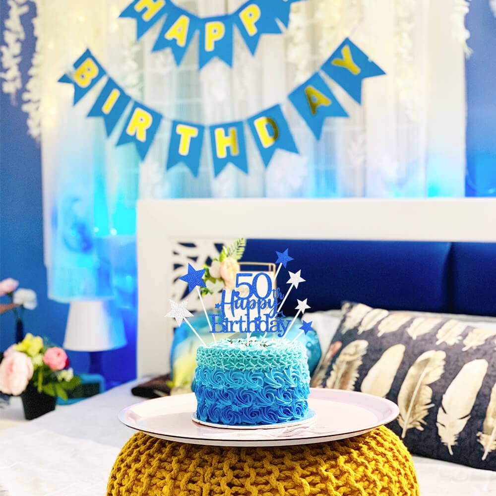 Pargleev Glittery 50th Birthday Cake Topper, Personalised Party Decoration, Blue, Paper
